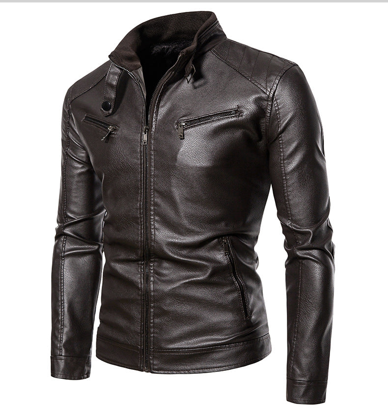 Men's leather jacket with modern high collar and innovative zippered pockets Lune London