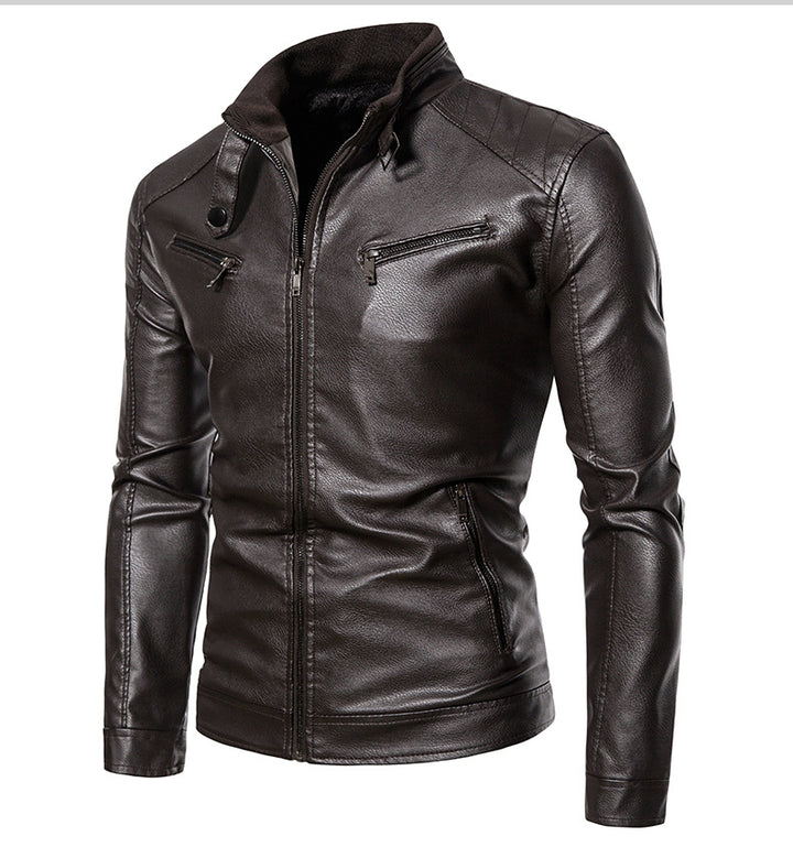 Men's leather jacket with modern high collar and innovative zippered pockets Lune London