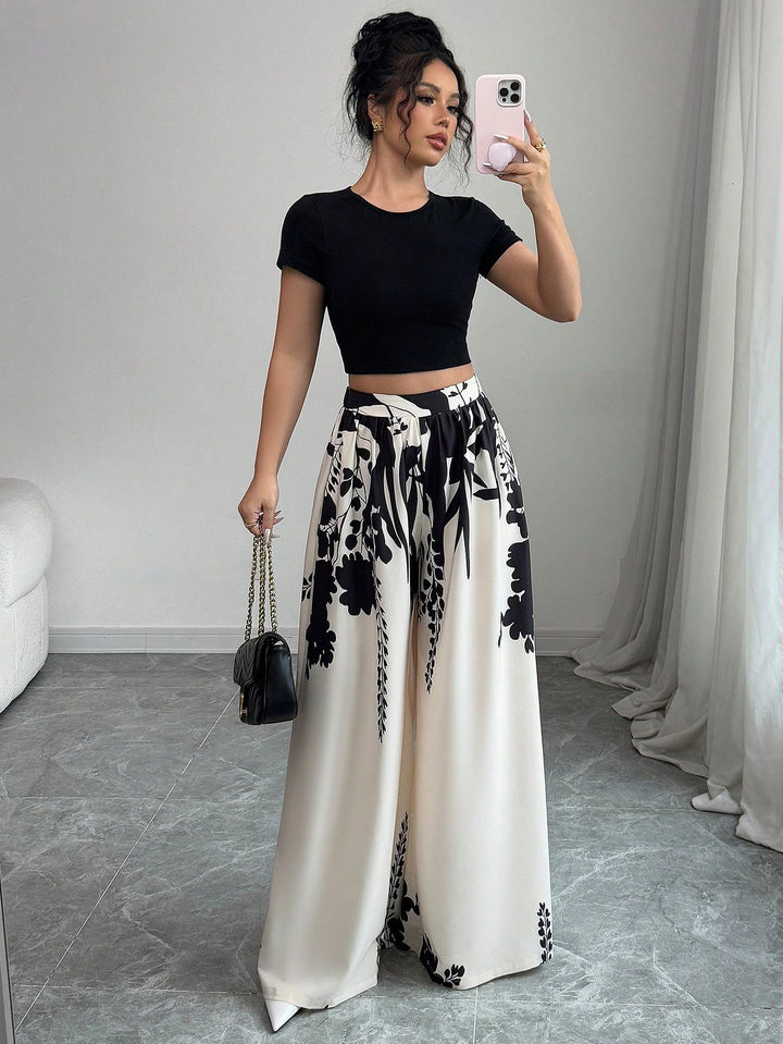 Lune London Floral Print Wide Palazzo Pants Set for Women