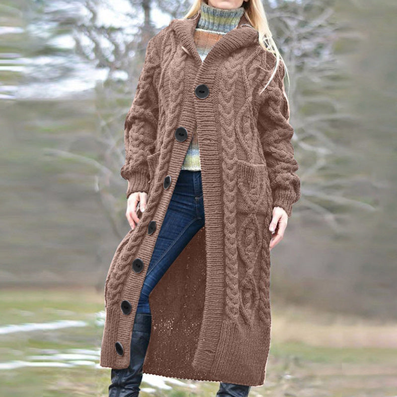Ladies Long Cardigan with Cable Knit Pattern and Spacious Pockets Lune London