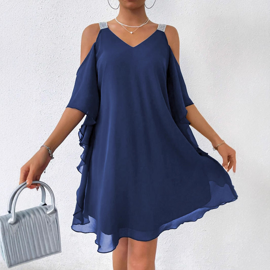 Chiffon off-the-shoulder dress for women with sparkling straps Lune London