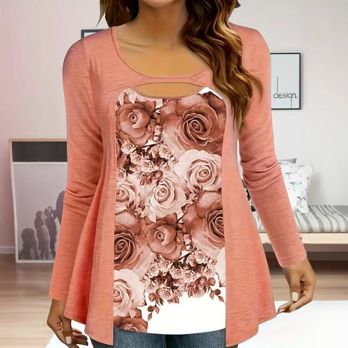 Long sleeve women's t-shirt with an exclusive floral pattern and a fancy neckline Lune London