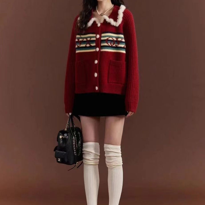 Knit jacket for women with a colorful pattern and a fluffy collar Lune London