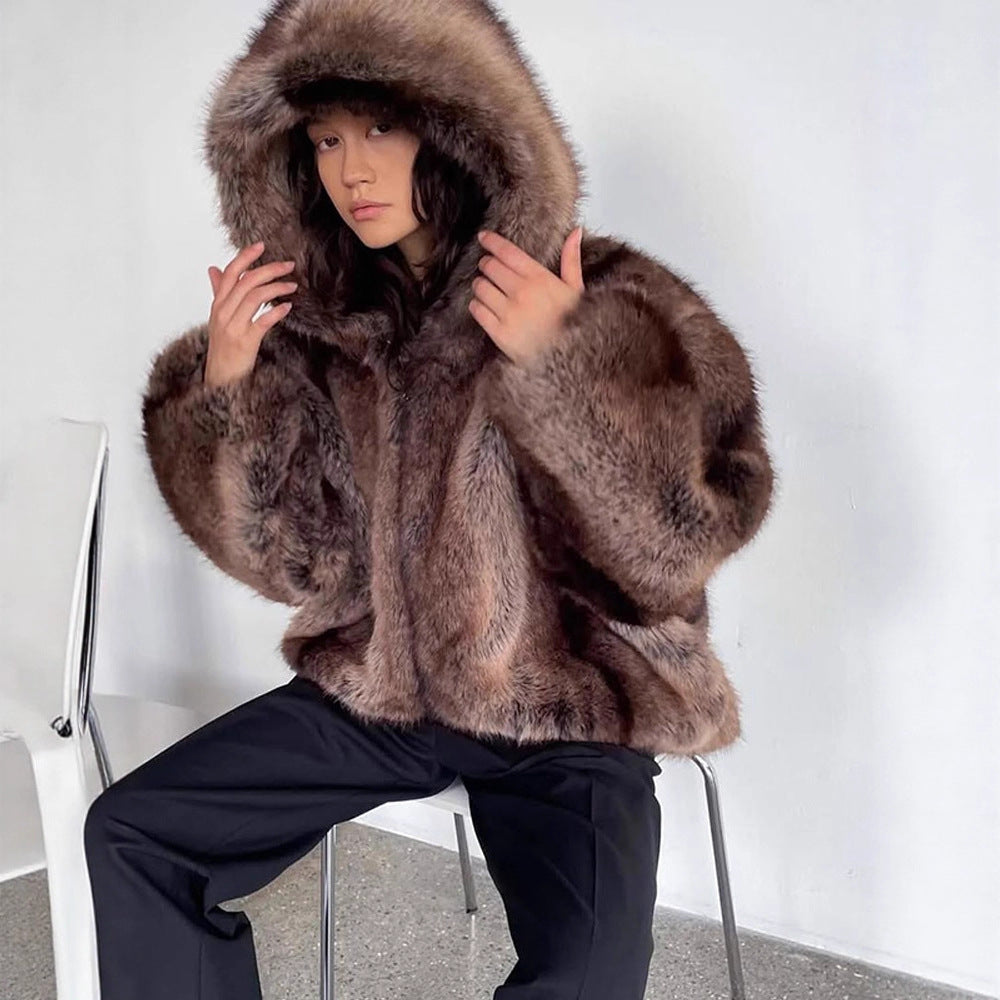Women's Cozy Faux Fur Jacket with Hood Lune London