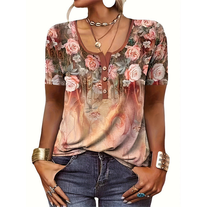 Women short sleeve t-shirt with heart-shaped floral design and button placket Lune London