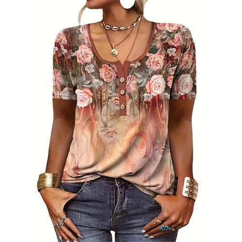 Women short sleeve t-shirt with heart-shaped floral design and button placket Lune London