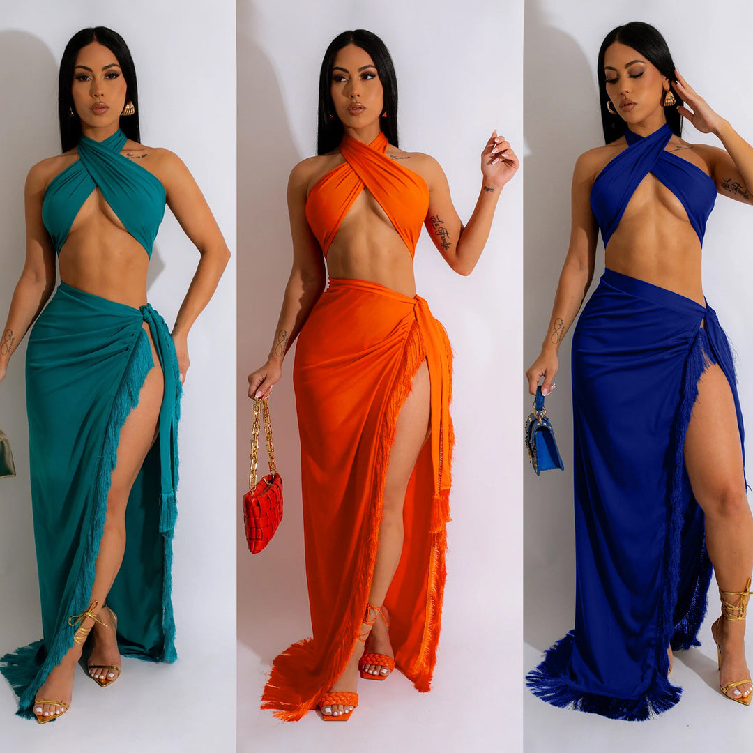 Maxi dress with strapless neckline for women with high slit Lune London