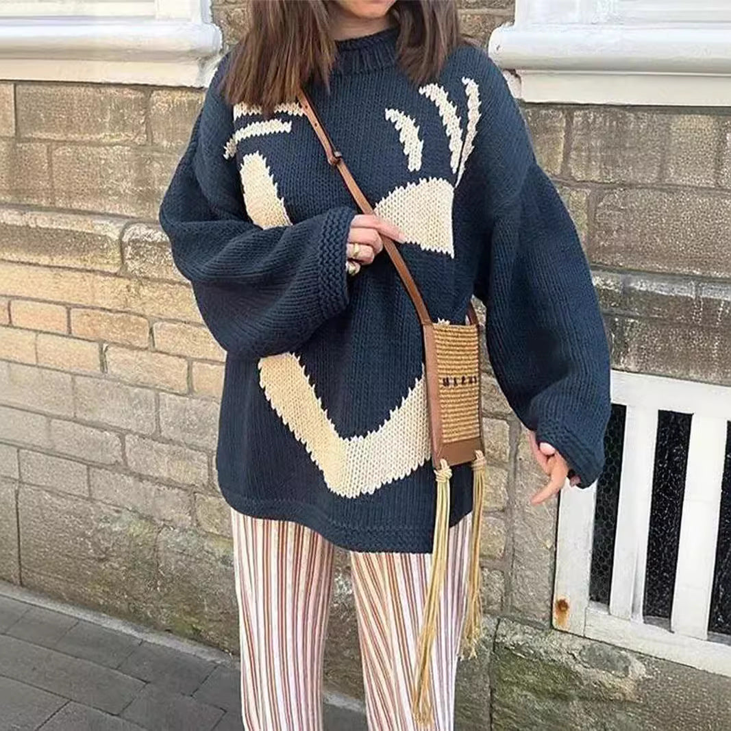 Chunky knit sweater for women with creative Smiley pattern Lune London