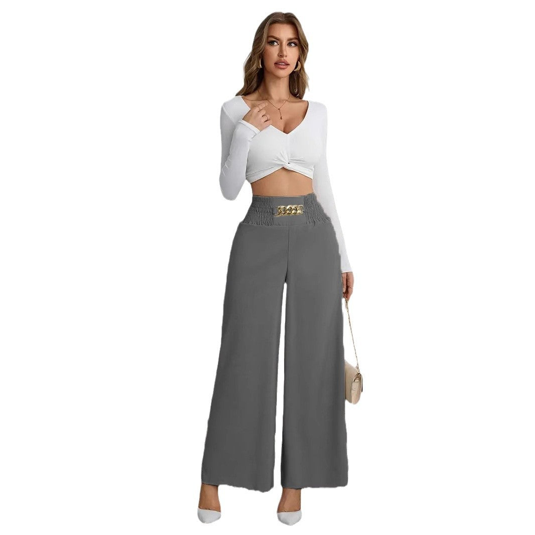 High-waisted wide-leg pants for women with decorative elastic and a trendy belt Lune London