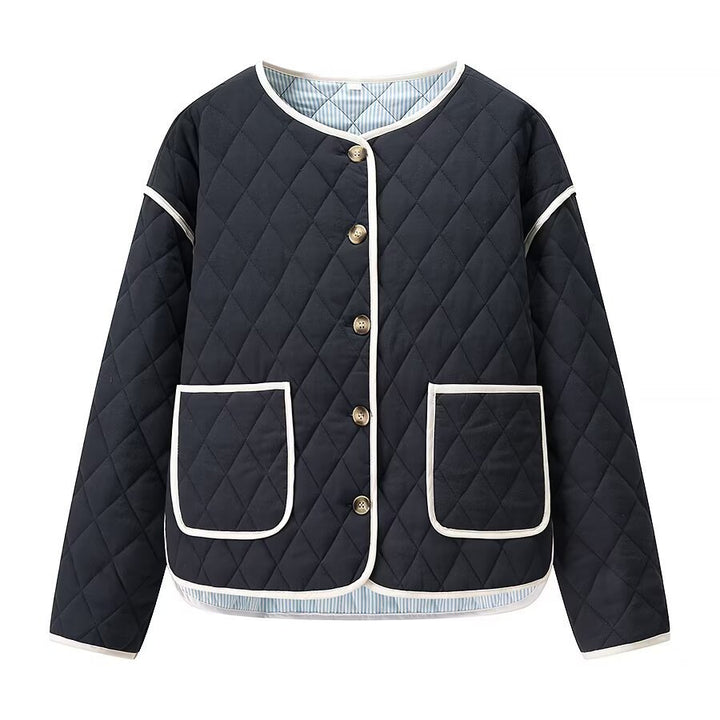 Women's quilted transition jacket with round collar and practical pockets Lune London