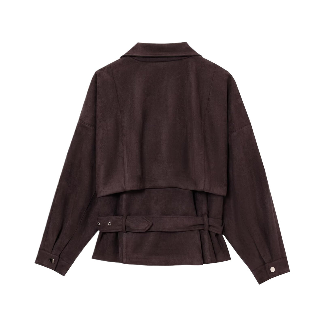 Suede jacket for women with belt at the waist and asymmetrical zipper Lune London