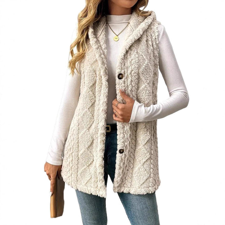Ladies cozy knit vest with hood and button closure Lune London