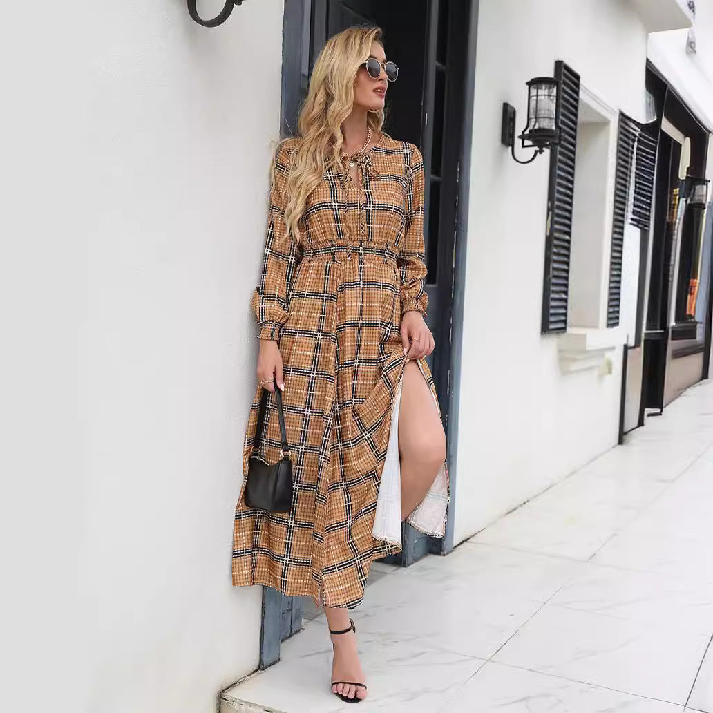 Plaid pattern maxi dress for women with a waist belt and ruffles Lune London