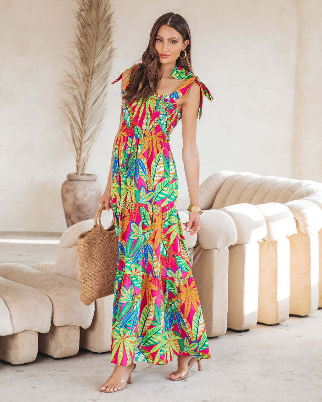 Maxi dress for women with tropical leaf print Lune London