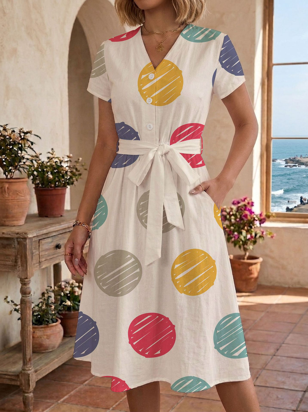 Women's casual maxi dress with adjustable knot and decorative check pattern Lune London