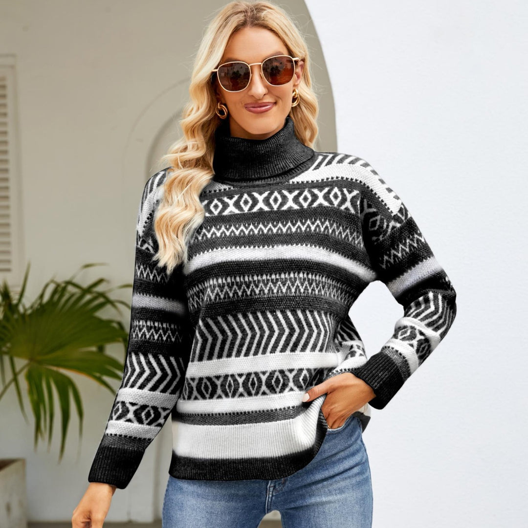 Lune London women's trendy turtleneck sweater with geometric pattern