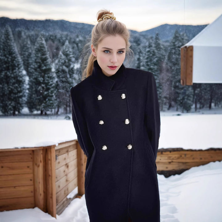 Elegant transitional coat for women with double-breasted fastening and deep lapels Lune London