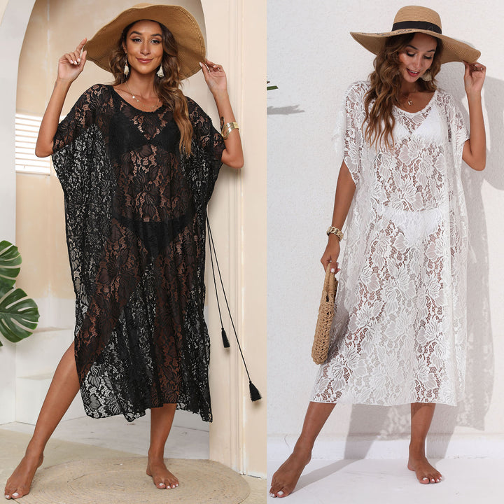 Ladies Transparent Floral Lace Beach Cover-up Dress Lune London