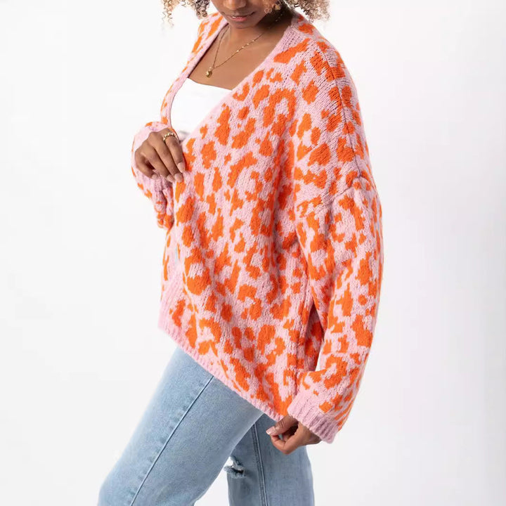 Ladies Chunky Knitted Cardigan with Stylish Leopard Pattern and Comfortable Oversized Details Lune London
