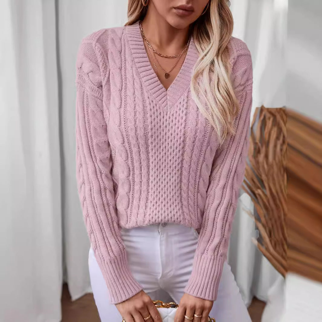 Women's knit sweater with deep V-neck and cable knit pattern Lune London