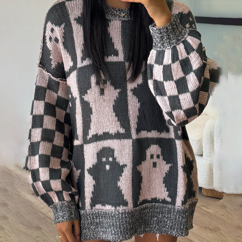 Thick knit sweater for women with a modern ghost pattern and a casual fit Lune London