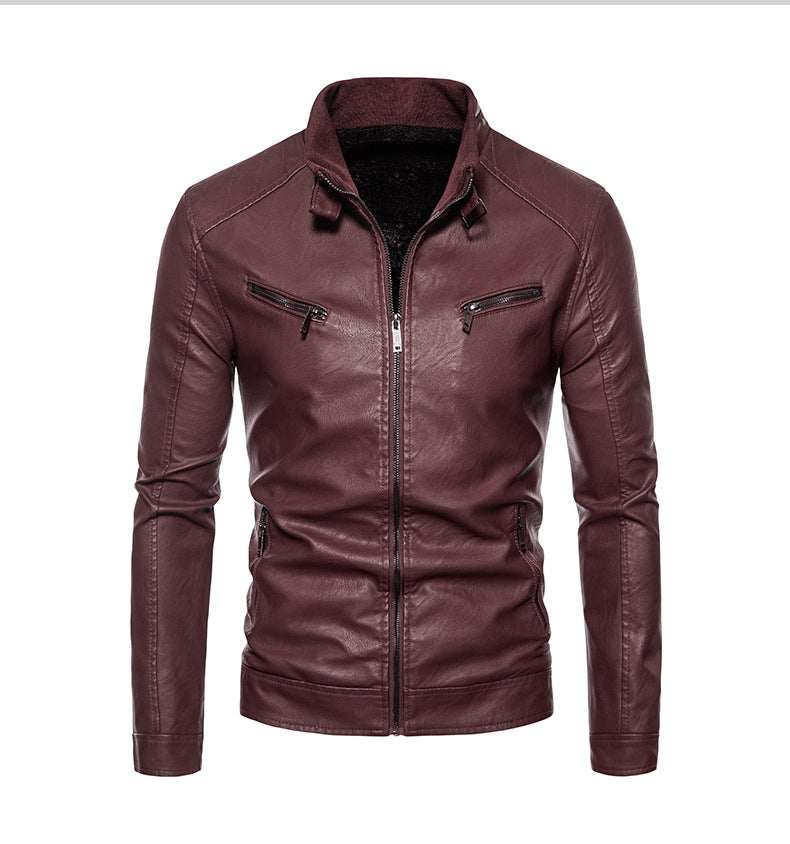 Men's leather jacket with modern high collar and innovative zippered pockets Lune London
