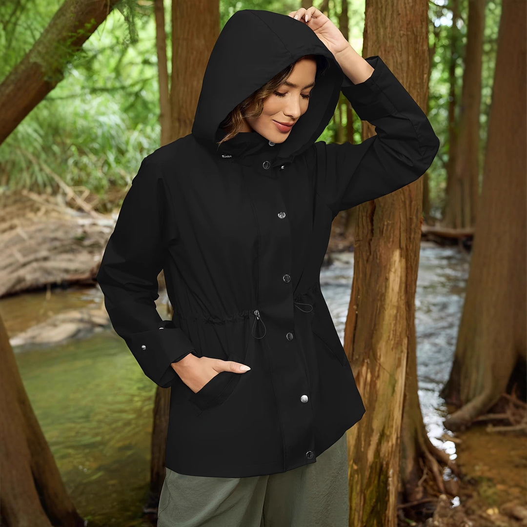 Functional practical jacket for women with adjustable waist and hood Lune London