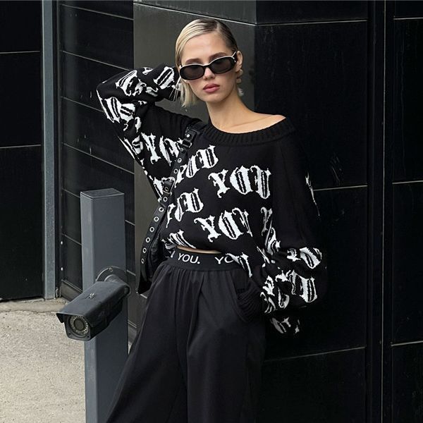 Casual knit sweater for women with a modern inscription and a loose fit Lune London