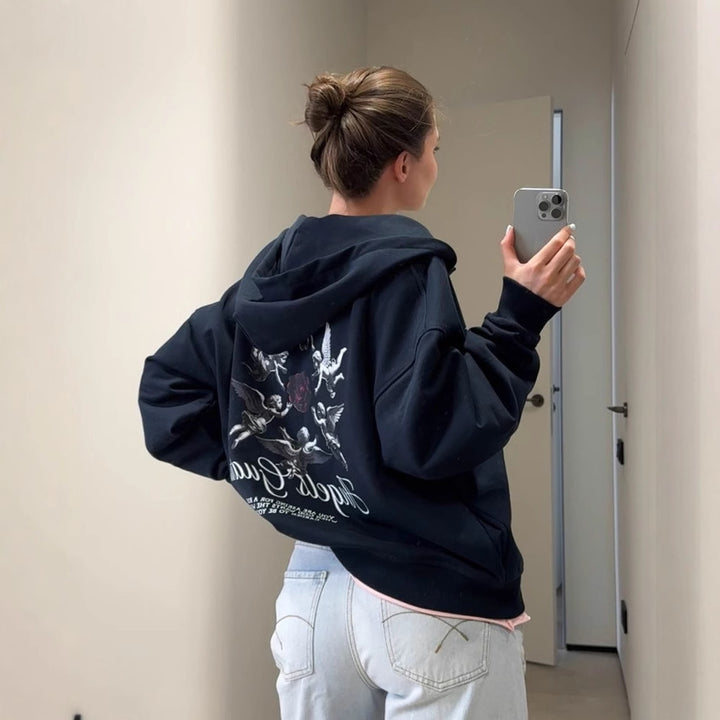 Women's hoodie with artistic angel pattern and trendy inscription Lune London