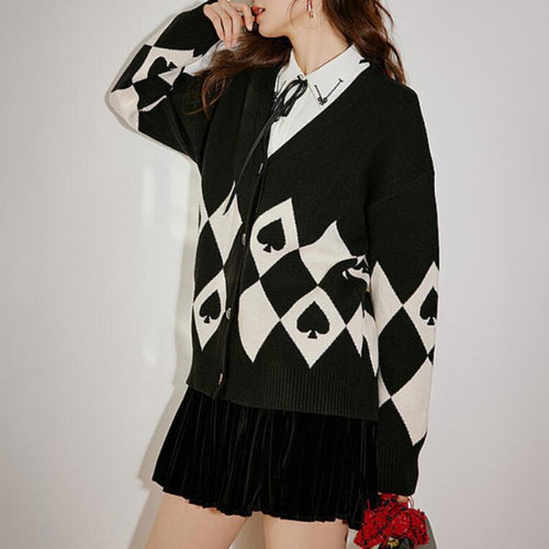 Knit jacket for women with heart-shaped buttons and diamond pattern Lune London