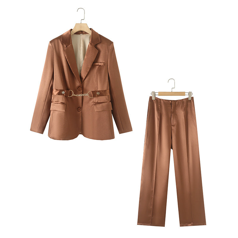 Ladies elegant satin blazer suit with chain accent Lune London
