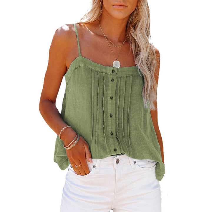 Lightweight women's tank top with spaghetti straps, plaid design and button details Lune London
