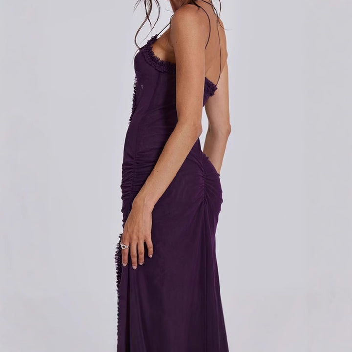 Lune London Women’s Seductive Maxi Dress with Deep V Neckline and Ruffle Details