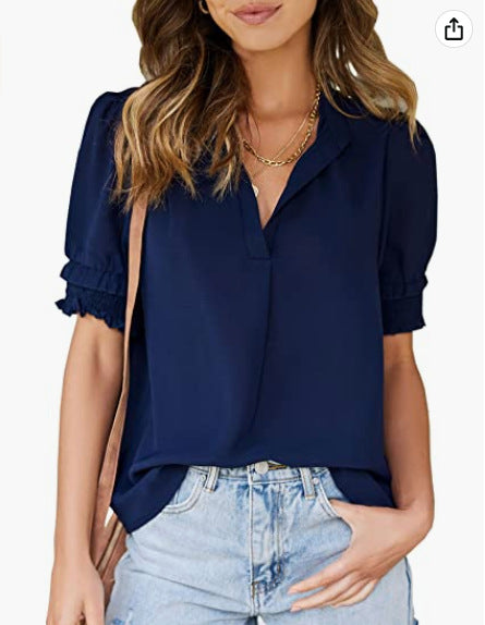 Short-sleeved blouse for women with gathered sleeves and a high collar Lune London