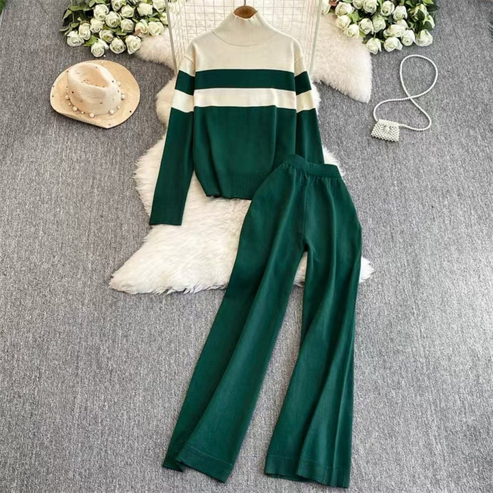 Knitted loungewear set for women with a high collar and wide stripes Lune London