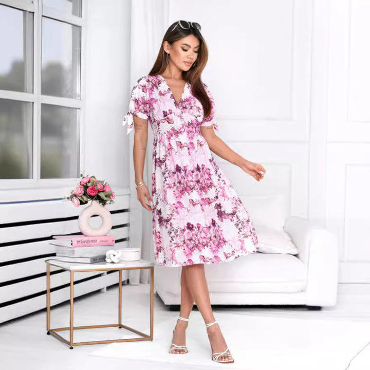 Chic and Stylish Women's Midi Floral Dress with Bow Sleeve Details