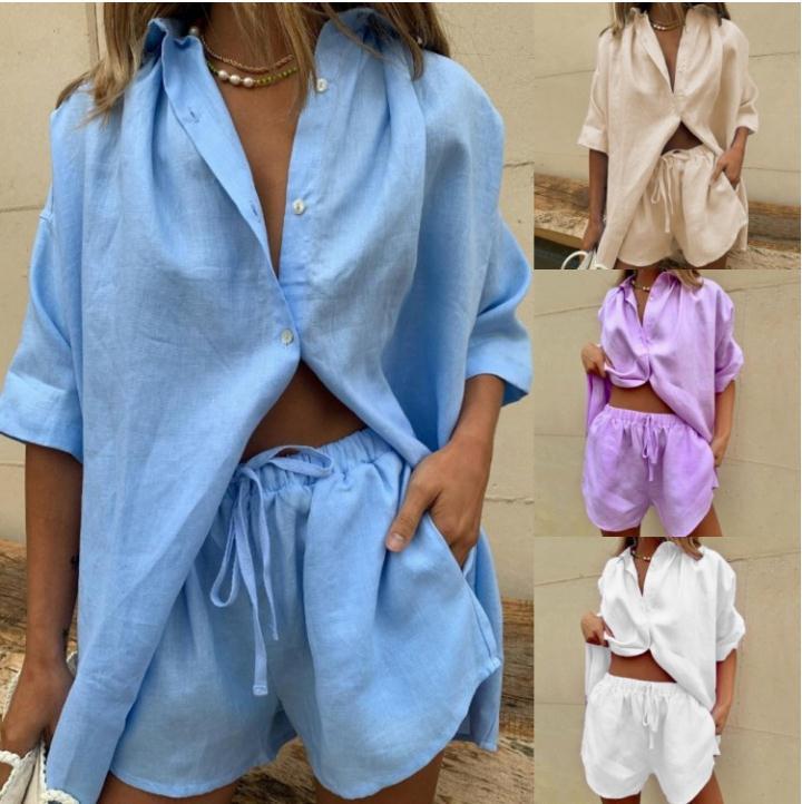 Women's Linen Blouse and Shorts Set with Relaxed Fit and Elastic Waistband Chic und Stil