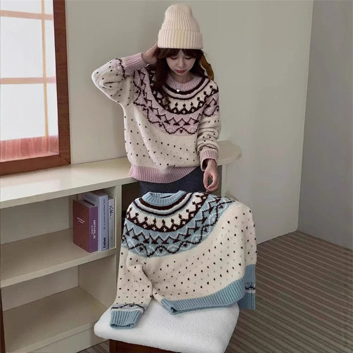 Knitted sweater for women with graphic Norwegian pattern and high round neckline Lune London