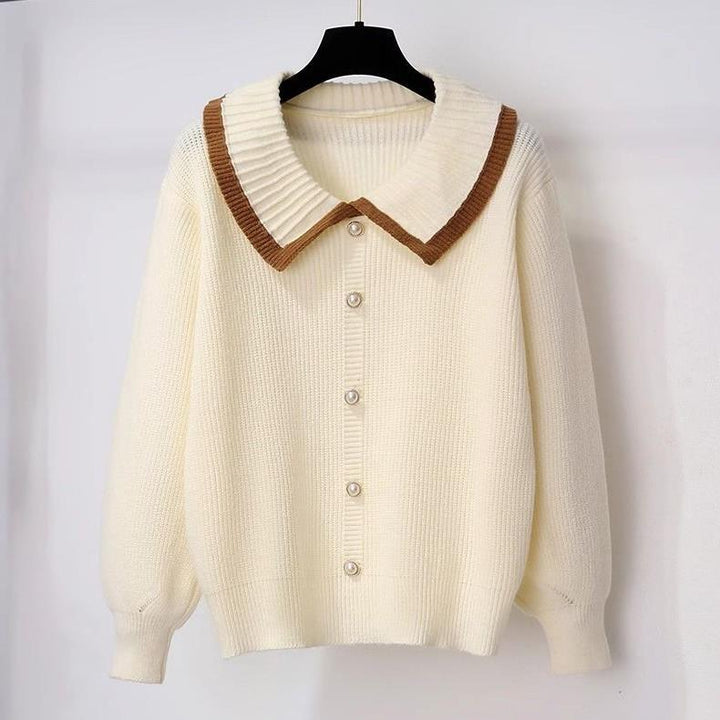 Women’s knit jacket with contrasting collar and decorative pearl buttons Lune London