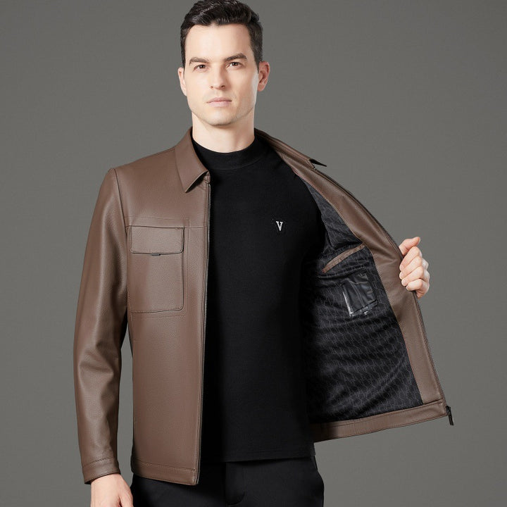 Elegant synthetic leather jacket for men with practical pockets Chic and Style