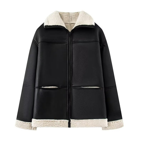Faux leather jacket for women, fashionable, with warm fleece lining and practical pockets Lune London