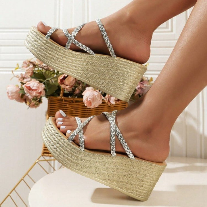 Elegant platform sandals for women with woven strap design Lune London