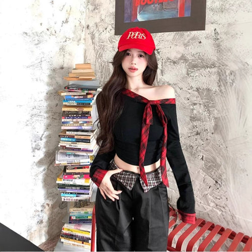 Ladies Crop Top with fashionable Off-Shoulder design and checked bow detail