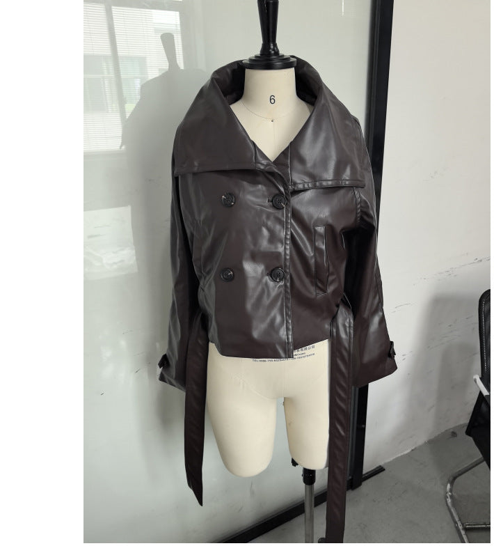Fashionable short leather jacket for women with double-breasted buttoning and wide collar Lune London