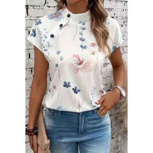 Blouse for women with floral pattern and unique button detail, short sleeves Lune London
