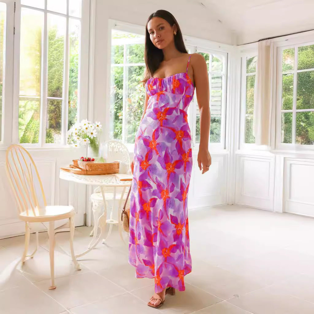 Women’s maxi dress with elegant gathering design and supportive spaghetti straps
