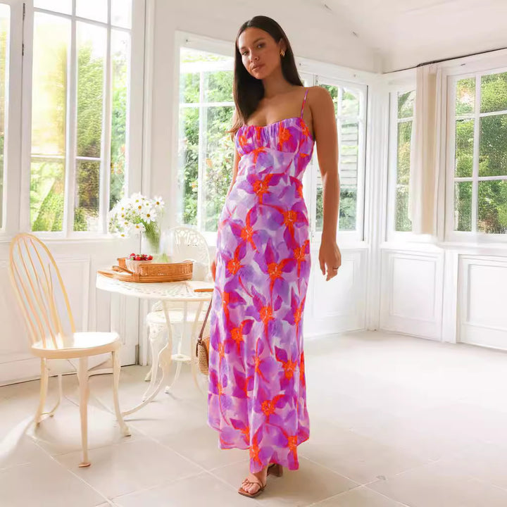 Women’s maxi dress with elegant gathering design and supportive spaghetti straps