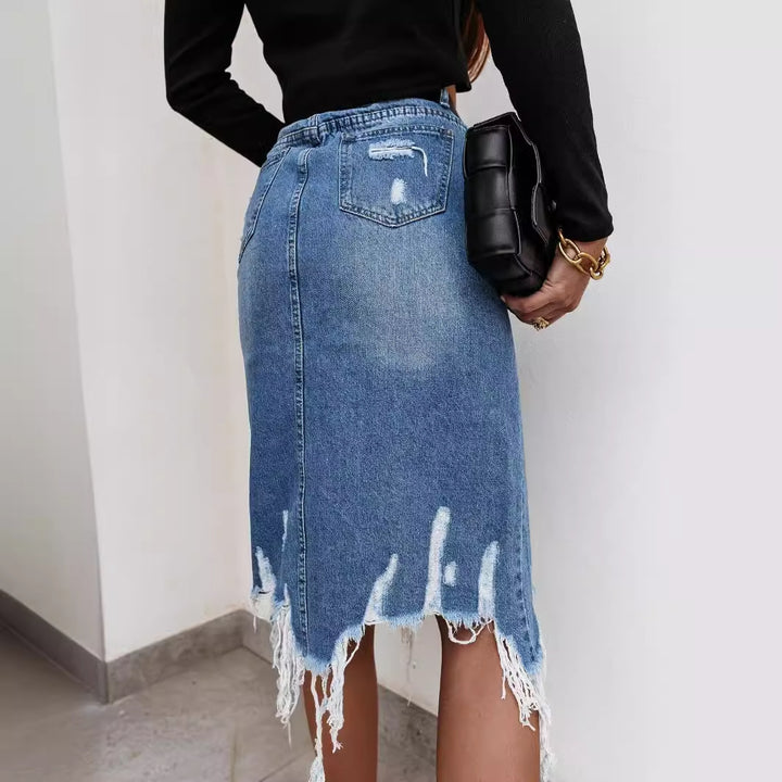 Lune London destroyed denim midi skirt for women with fringes