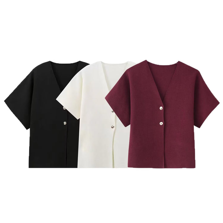 Short sleeved women's jacket with V-neck and decorative buttons Lune London