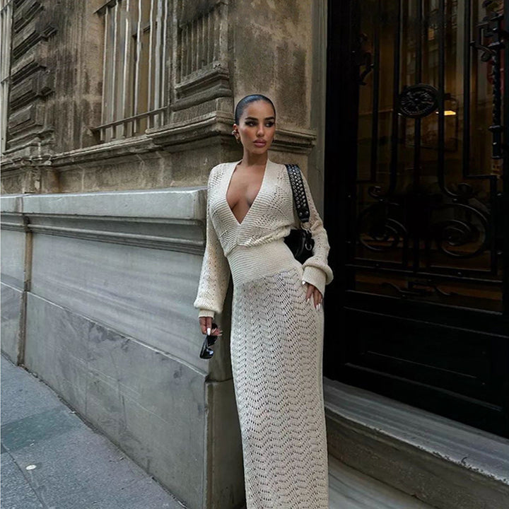 Elegant crochet maxi dress for women with deep V-neck and ribbed design Lune London